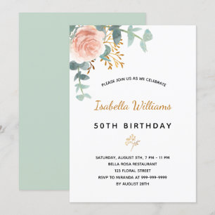 Invitación Cumpleaños 50 eucalipto floral rosa elegante oro