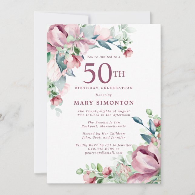 Invitación Cumpleaños 50 Exquisito Floral Rosa (Anverso)