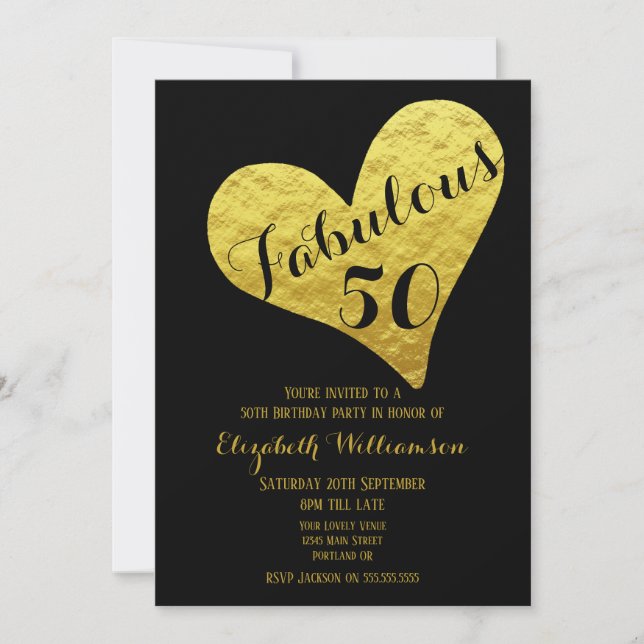 Invitación Cumpleaños 50 Fabuloso 50 Negro | Corazón de Falso (Anverso)
