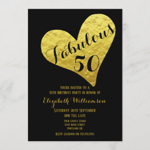 Invitación Cumpleaños 50 Fabuloso 50 Negro   Corazón de Falso