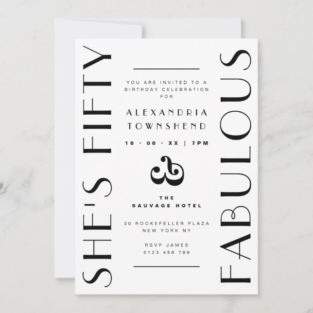 Invitación Cumpleaños 50 & Fabuloso Blanco Art Deco (Anverso)