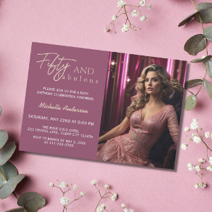 Invitación Cumpleaños 50 Fabuloso Foto Rosa Dorado
