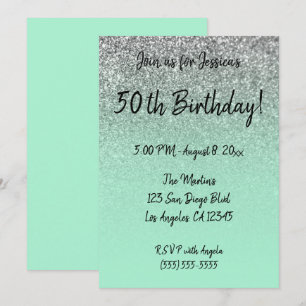 Invitación Cumpleaños 50 Falso Brillo Plateado Verde Menta Om
