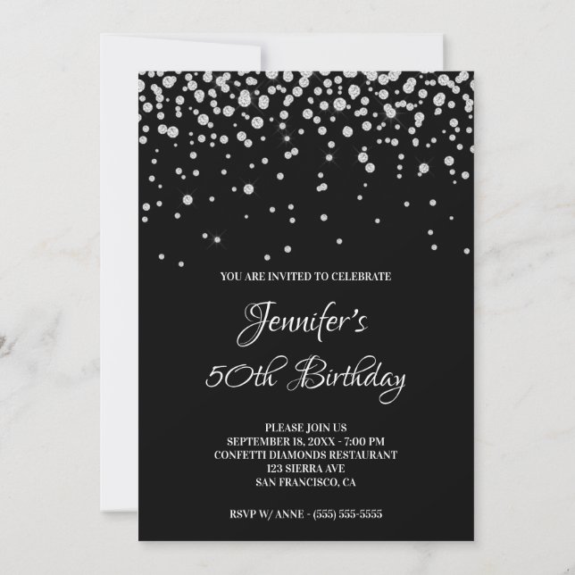Invitación Cumpleaños 50 Faux Diamantes Negros (Reverso)