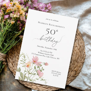 Invitación Cumpleaños 50 Feminino Acuarela Flor Silvestre