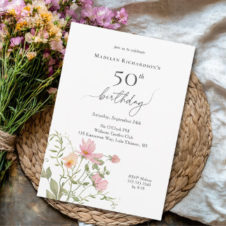 Invitación Cumpleaños 50 Feminino Acuarela Flor Silvestre