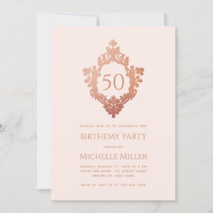 Invitación Cumpleaños 50 Feminino Rosa con Cresta de Oro Rosa