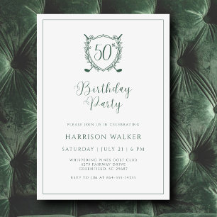 Invitación Cumpleaños 50 Fiesta de Golf Cresta Escritura Eleg