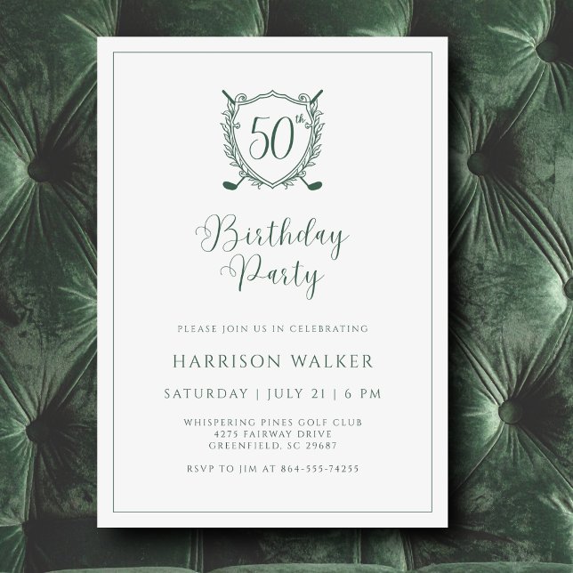 Invitación Cumpleaños 50 Fiesta de Golf Cresta Escritura Eleg (Clean crest design with a modern golf twist. Easy to personalize in minutes.)