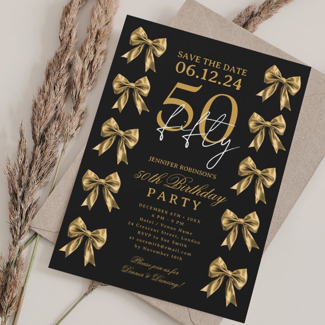 Invitación Cumpleaños 50 Fiesta de la Coqueta de Oro Guardar  (Gold Coquette Bow Save Date 50th Birthday Party Invitation)