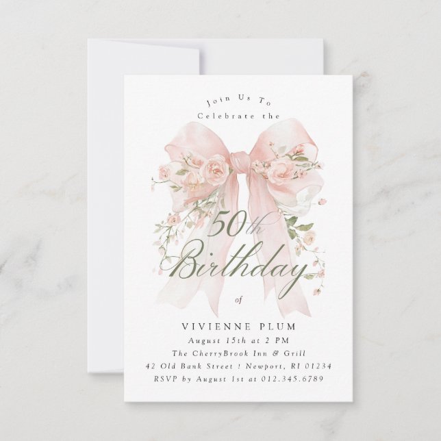 Invitación Cumpleaños 50 Fiesta Rosa Coquette Lazo Rosa Flora (Anverso)