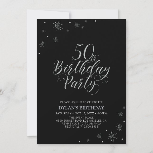 Invitación Cumpleaños 50 | Fiesta Silver & Black Moderno Chic (Anverso)