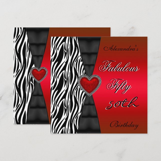 Invitación Cumpleaños 50 Fifty Red Zebra Salvaje Negro 2 (Anverso / Reverso)