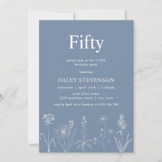 Invitación Cumpleaños 50 Flor Silvestre Floral Fifty Azul Pol