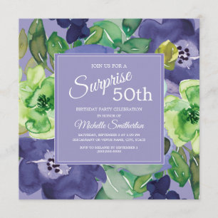 Invitación Cumpleaños 50 Floral Acuarela Verde Azul Marino Mo