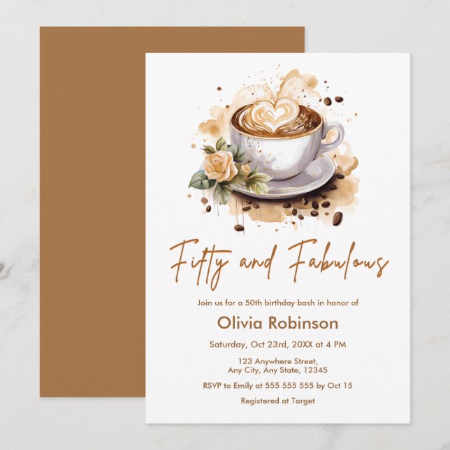Invitación Cumpleaños 50 Floral Café Marrón Temático (Anverso / Reverso)