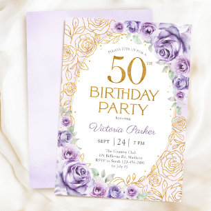 Invitación Cumpleaños 50 Floral Lila Purpura Dorado