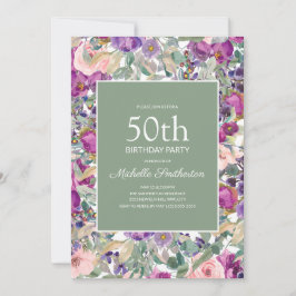Invitación Cumpleaños 50 Floral Rosa Purpura Verde Salvia