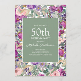 Invitación Cumpleaños 50 Floral Rosa Purpura Verde Salvia