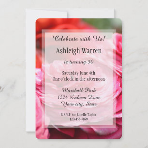 Invitación Cumpleaños 50 Floral Rosa Rojo