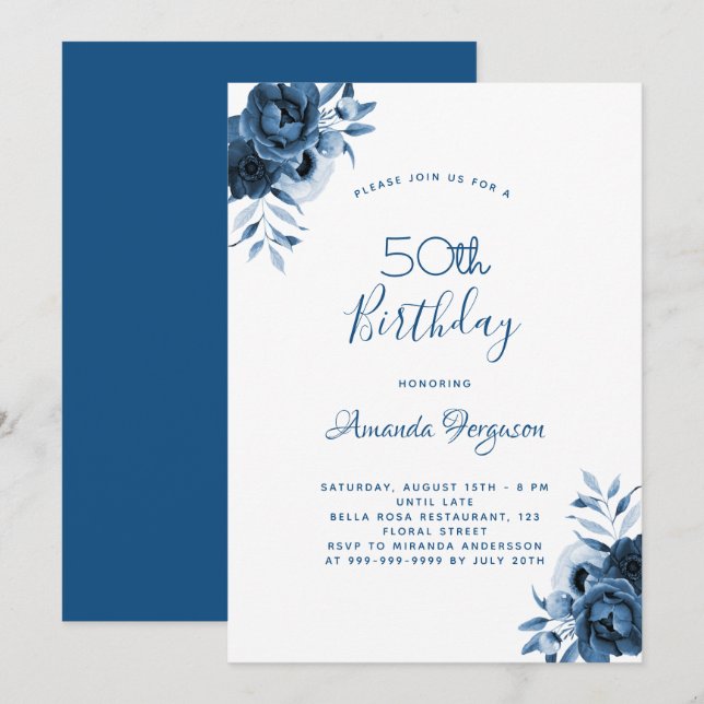 Invitación Cumpleaños 50 florals azul guión blanco (Anverso / Reverso)