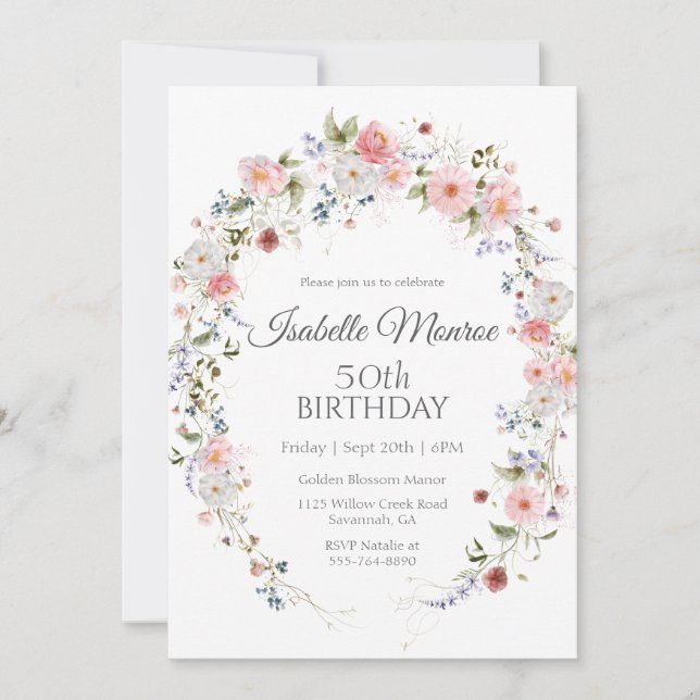 Invitación Cumpleaños 50 Flores Silvestres Primavera Purpura  (Anverso)