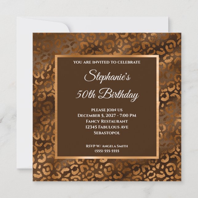 Invitación Cumpleaños 50 Glam Leopardo Bronce y Marrón con Ho (Anverso)