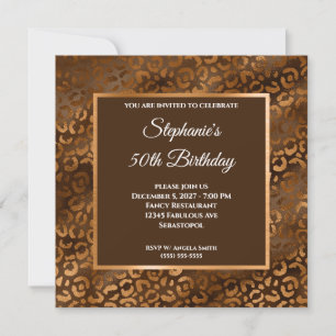 Invitación Cumpleaños 50 Glam Leopardo Bronce y Marrón con Ho