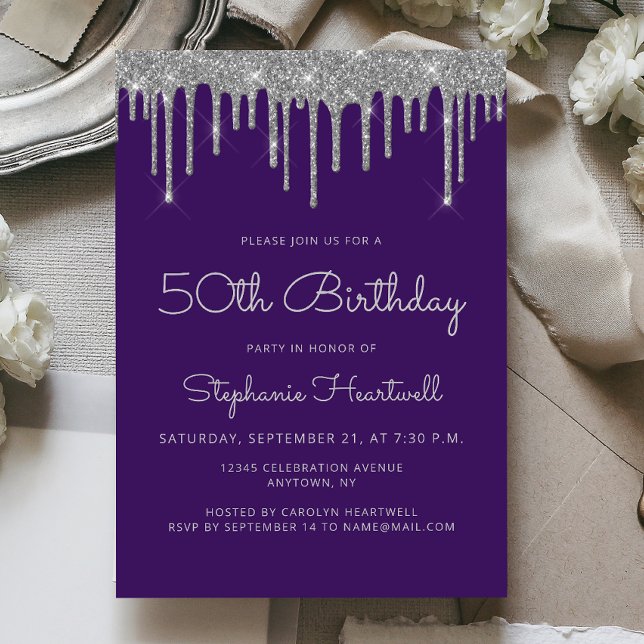 Invitación Cumpleaños 50 Glam Morado Plata Brillo Goteo (Subido por el creador)