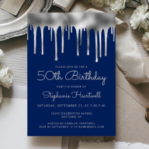 Invitación Cumpleaños 50 Glam Navy Azul Plateado Goteo Foil