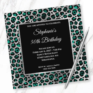 Invitación Cumpleaños 50 Glam Negro Verde Azul y Leopardo Pla