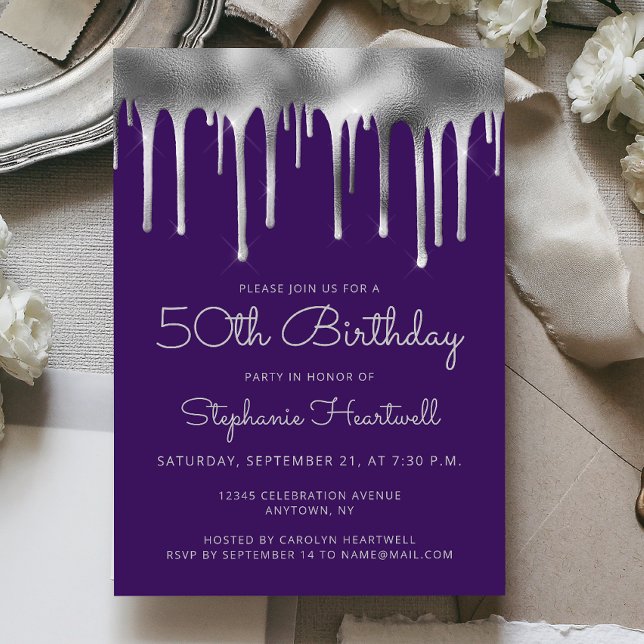 Invitación Cumpleaños 50 Glam Purple Silver Dripping Foil (Subido por el creador)