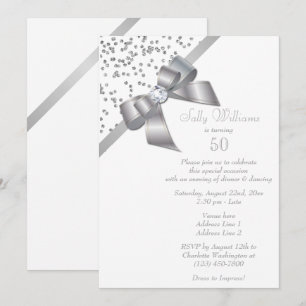 Invitación Cumpleaños 50 Glam Silver Confetti & Jewel Bow