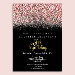 Invitación Cumpleaños 50 Glamour Rosa Brillante Joyado