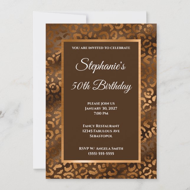 Invitación Cumpleaños 50 glamuroso con estampado de leopardo  (Anverso)