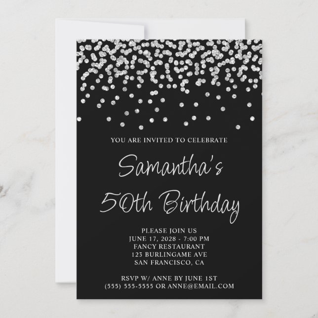 Invitación Cumpleaños 50 Glitter Confeti Plateado Negro (Anverso)