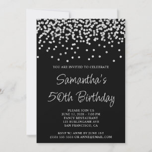 Invitación Cumpleaños 50 Glitter Confeti Plateado Negro