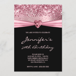 Invitación Cumpleaños 50 Glitter Foil Gem Corazón Rosa Femeni