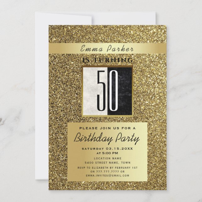 Invitación Cumpleaños 50 Glitter Gold y Negro (Anverso)