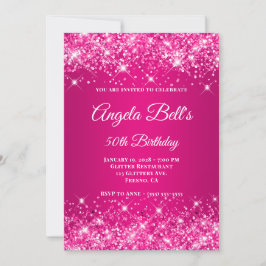 Invitación Cumpleaños 50 Glittery Rosa Fucsia con Monograma