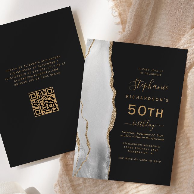 Invitación Cumpleaños 50 Gray White Gold Agata Código QR (Subido por el creador)