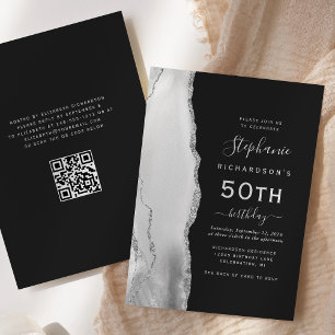 Invitación Cumpleaños 50 Gray White Silver Agate Código QR