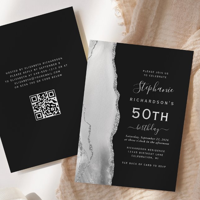 Invitación Cumpleaños 50 Gray White Silver Agate Código QR (Subido por el creador)