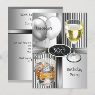 Invitación Cumpleaños 50 Hombres Fiesta Bebidas Globos Plata