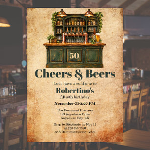 Invitación Cumpleaños 50 Hombres Vintage Pub Cheers & Beer