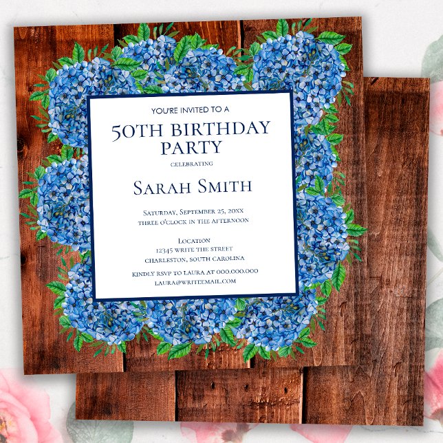 Invitación Cumpleaños 50 Hortensias de Madera Azules Fiesta R (Subido por el creador)