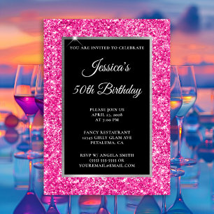 Invitación Cumpleaños 50 Hot Pink Glitter Black