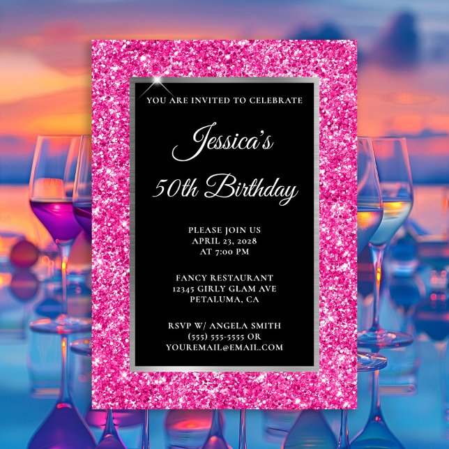 Invitación Cumpleaños 50 Hot Pink Glitter Black (Hot Pink Glitter Silver and Black Any Year Birthday Invitation)