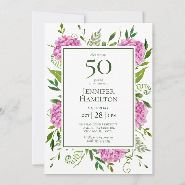 Invitación Cumpleaños 50 Hydrangeas Rosadas (Anverso)