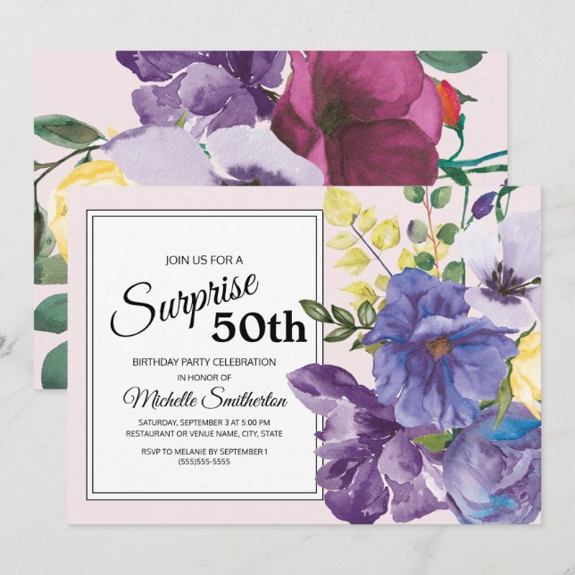 Invitación Cumpleaños 50 Jardín Púrpura Amarillo Rosa Floral (Anverso / Reverso)